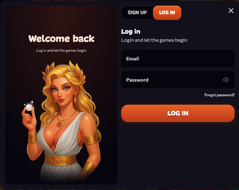 Οθόνη σύνδεσης στον λογαριασμό Aphrodite Casino
